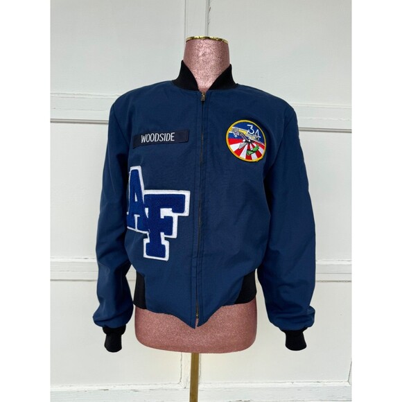 Vintage Air Force Military jacket 1999 Navy Blue Patches Lined Cadet Loose Hawgs - Picture 1 of 8
